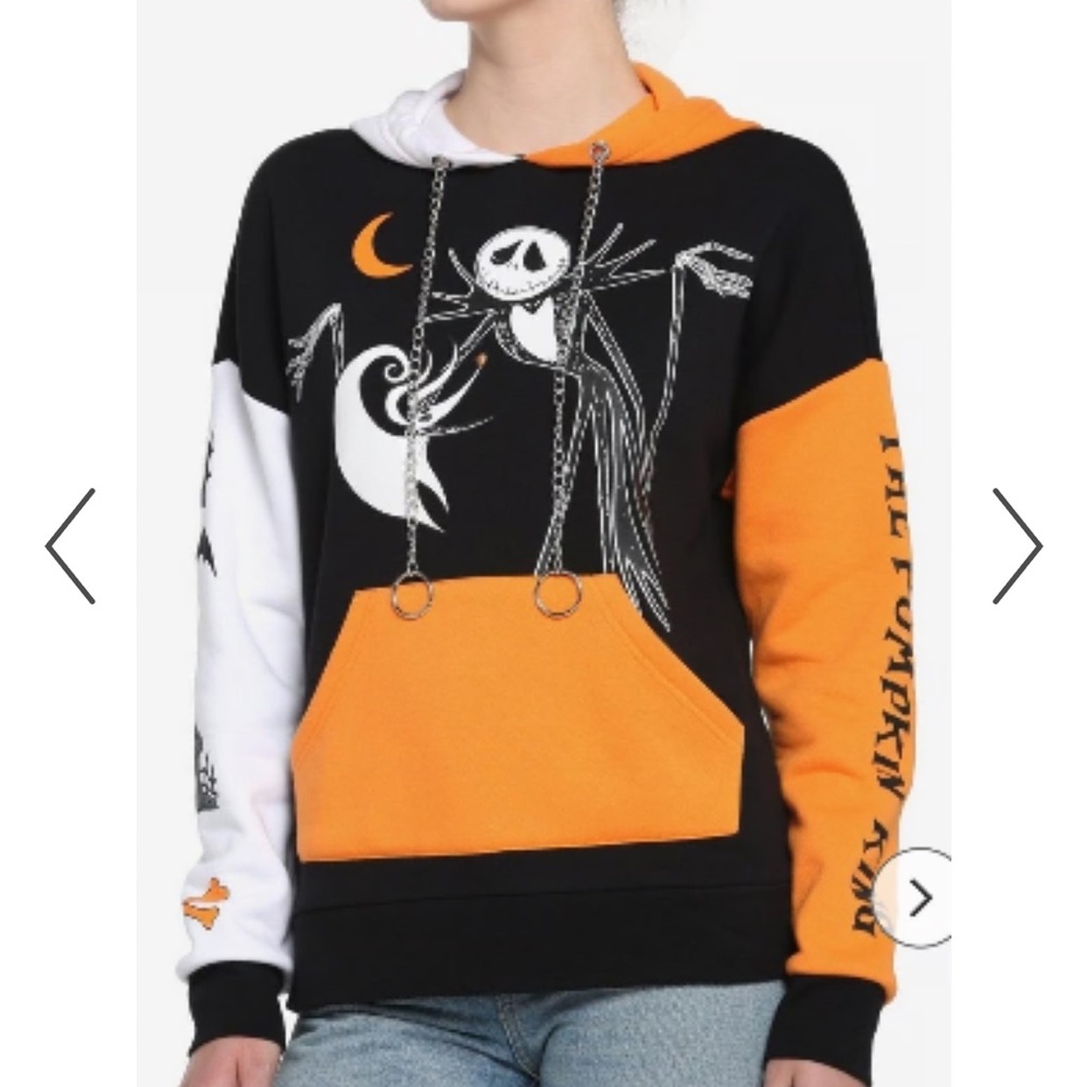 Nightmare Before Christmas Hoodie - Black Orange White with hood chains - XL